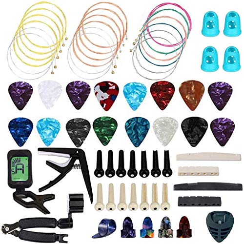 65 PCS Guitar Accessories Kit Including Guitar Picks,Capo,Tuner,Acoustic Guitar Strings,3 in 1String Winder,Bridge Pins,6 String Bone Bridge Saddle and Nut,Finger Picks for Beginner