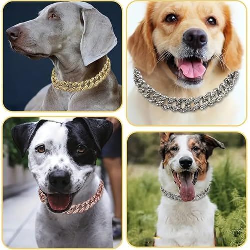Hundekette Diamant Kubanische Halsbänder Hundekette Haustierhalsband mit Diamanten,Verstellbarer Hundehalsband aus Legierung mit Schloss,für kleine mittelgroße große Hunde Katzen,Gold,50cm