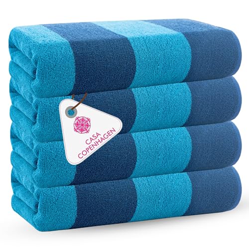 CASA COPENHAGEN Malibu Towel 4Pcs Royal Blue Designer Stripe Beach Towels Gift Set, 30"x60" Oversized 100% Cotton Pool Bath Towel for Beach Gift Set (Perfect Summer Gift Set for Women & Men)