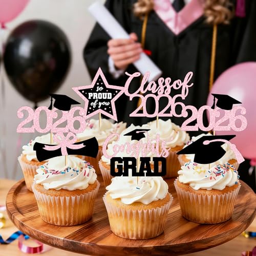 Image of 48 PCS Grad Cupcake Toppers, 6 Styles Graduation Cake Topper, Congrats Glittery Graduation Decorations 2026, Black and Pink Cap and Diploma Cake Picks for Grad Party Supplies