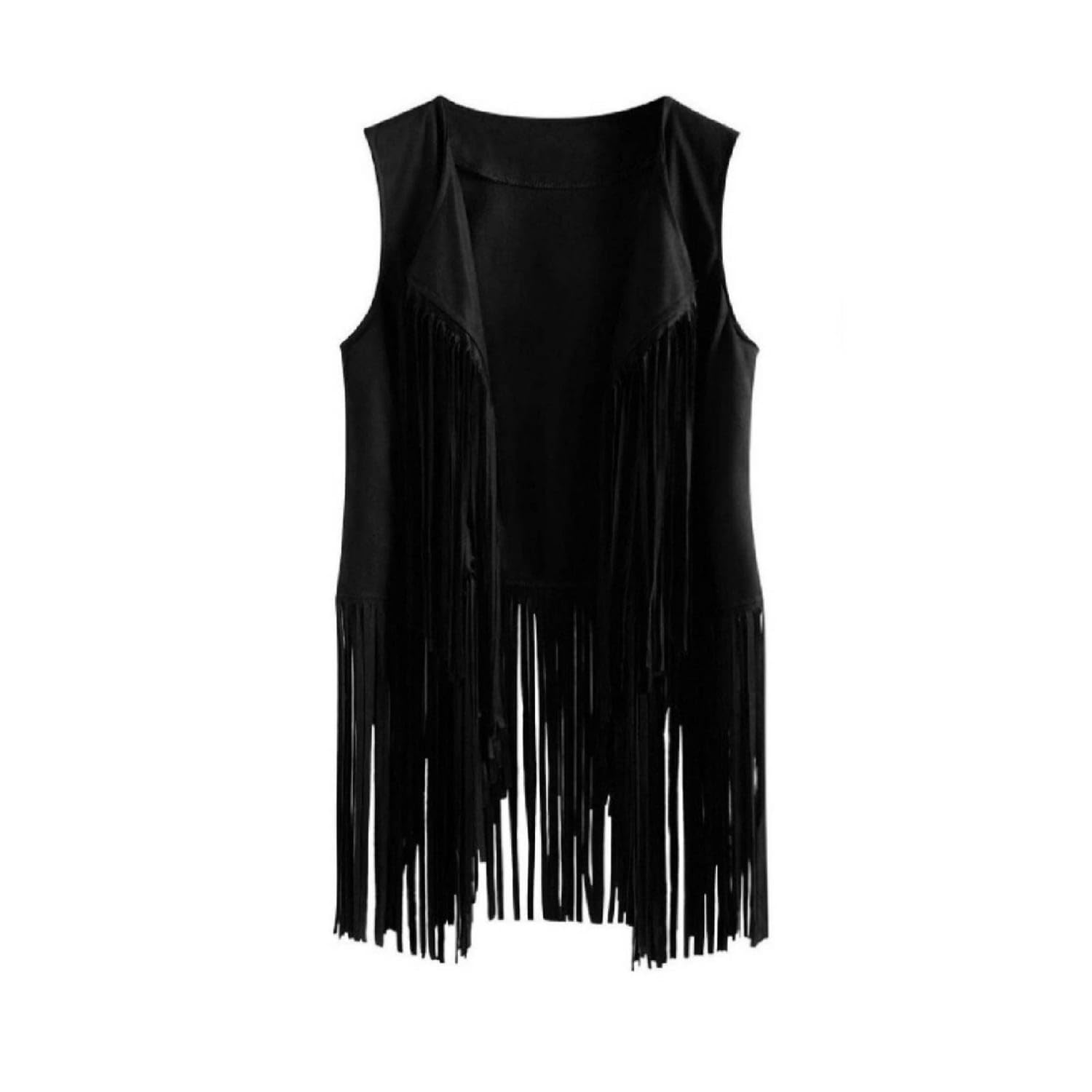 calandis Boho Fringe Vest Lightweight Suede Vest Long Cardigan with Fringe Retro for Women, Festivals, Streetwear, Black, M-picture-46