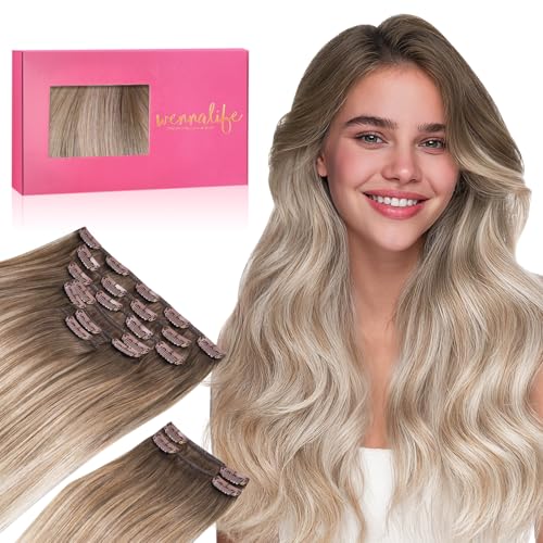 WENNALIFE Clip in Hair Extensions Real Human Hair, 22 Inch 150g 9pcs Human Hair Extensions Clip In Human Hair, Balayage Sandy Brown to Platinum Blonde Hair Extensions