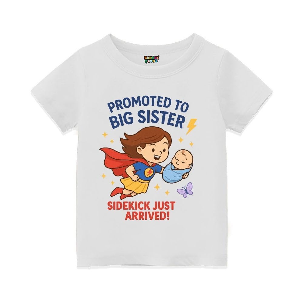 Promoted to Big Sister T-Shirt for Girls - Superhero Sibling Tees with Sidekick Print - New Baby Arrival Announcement Gift (Big-Sister-Sidekick-Arrived)-image-44