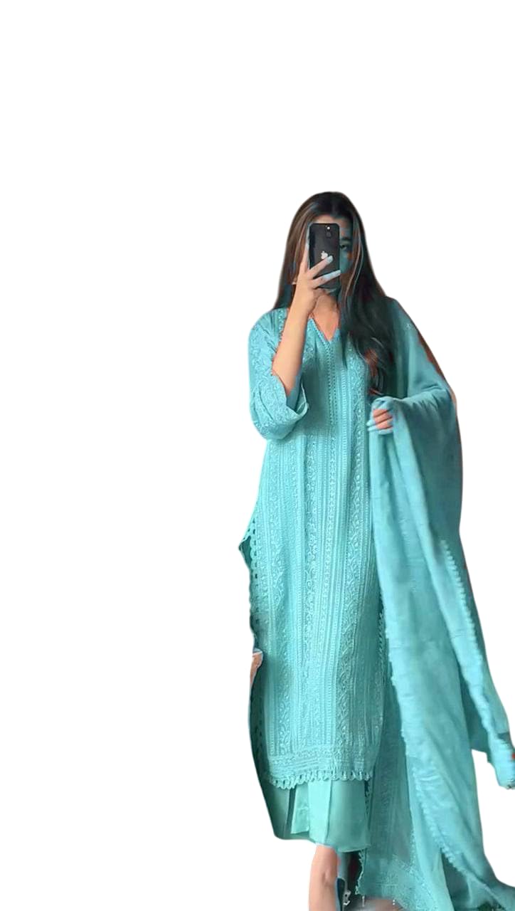 Chinon Silk with Cotton Thread Embroidery Straight Kurti With Pant and Dupatta set (Sky Blue-XXL)-image-33