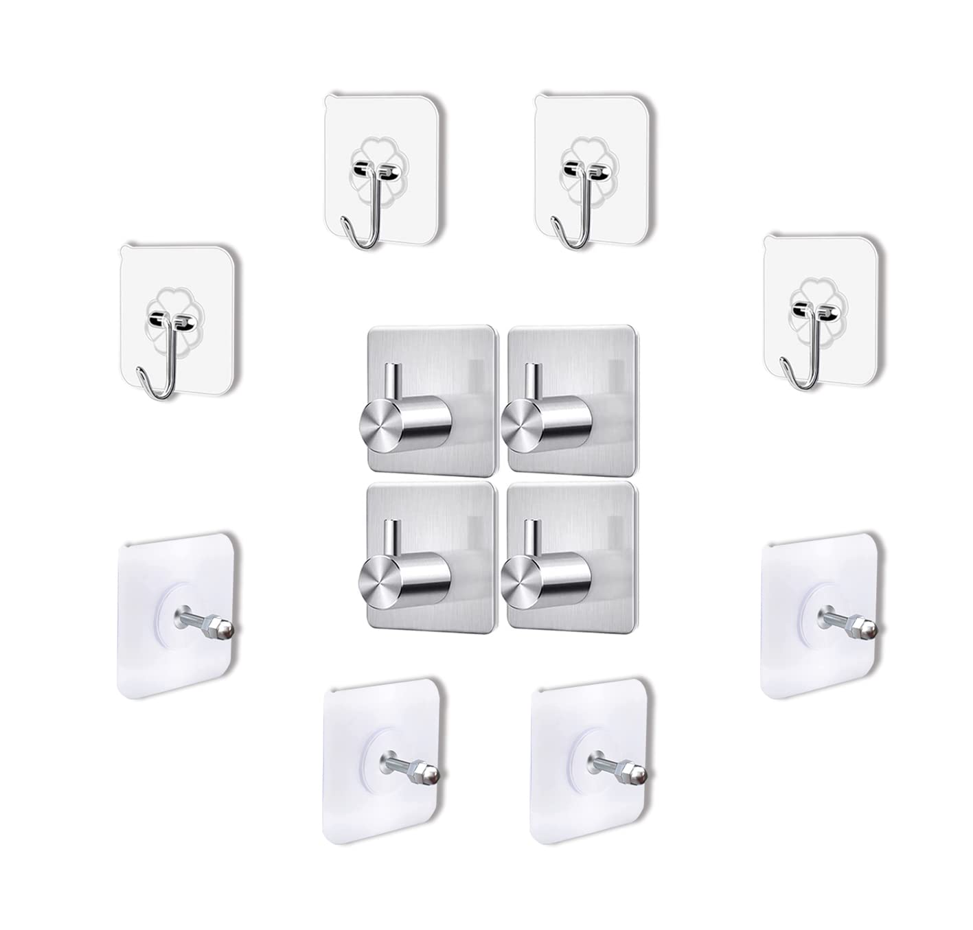 VIXEL12pcs Pack of Self Adhesive Stainless Steel Heavy Duty Wall Hooks for Hanging Towels, Robes, Hats, Bags, Keys, and Other Items (Style1)