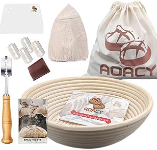 10 Inch Round Bread Proofing Basket, AOACY Banneton Basket with Storage Bag, Bread Lame, Dough Scraper, Cloth Liner, Starter Recipe for Home Baker, 100% Natural Rattan Sourdough Proving Basket