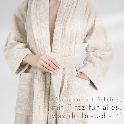 Hammetex Damen Bademantel 100% Baumwolle – 380 g/m² Weicher Frottee Bademantel mit Taschen für Zuhause & Sauna – Saugfähig & Hautfreundlich – Beige