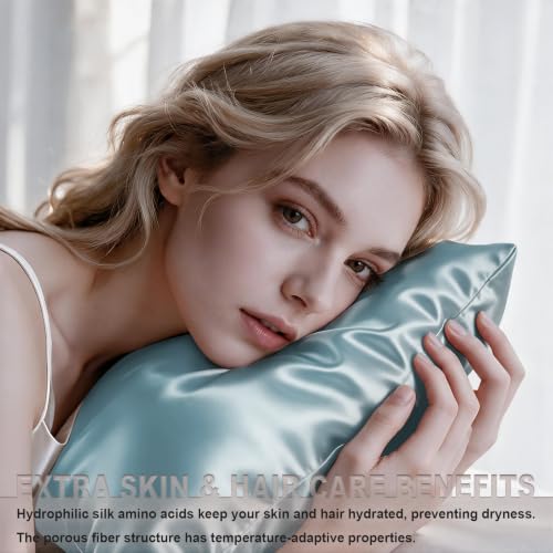 Image of LYSHIN Silk Pillow Cases Standard Size with Hidden Zipper, Haze Blue | 19 Momme Mulberry Silk Pillowcase for Skin and Hair, Anti-Acne, Hypoallergenic, Cooling, Beauty Sleep, Gifts for Women