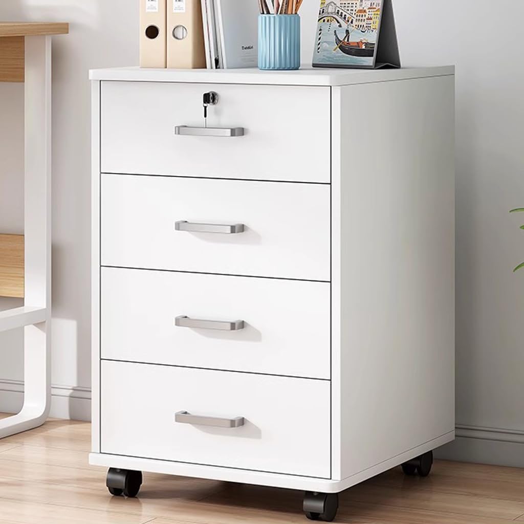 Movable Filing Cabinet with 1 Drawer and 1 Door Lockable Office Cabinet with Wheels in White Industrial Wood 37x34x59cm (Four drawers)