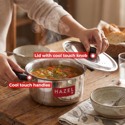 Image of HAZEL Stainless Steel Casserole with Lid, 3 Litre, 19.3 cm | Flat Bottom Patila, Cool Touch Handles, Milk Tope for Induction Cooktop & Gas, Steel Bhagona
