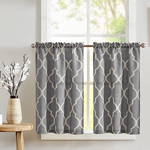 jinchan Linen Kitchen Curtains Moroccan Tile Print Tier Curtains 36 Inch Length Geometric Lattice Cafe Curtains Farmhouse Half Window Curtains Country Voile for Bathroom RV 2 Panels Charcoal Gray