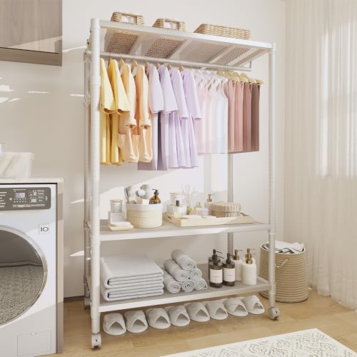 Heavy Duty Rolling Clothes Rack with Wheels, Clothing Racks with Adjustable Shelves & Side Hooks for Hanging Clothes, Freestanding Storage Closet Clothing Rack for Bedroom Laundry Room, Beige by MilleLoom - Used condition - US$36.85