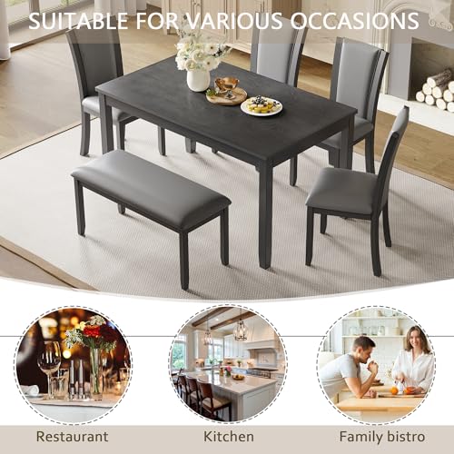 Image of KEIKI 6-Piece Standard Height Dining Table Set with Rectangular Table, 4 Upholstered Chair, Bench, for 6 Person, Farmhouse Rustic Style Table Set, Easy Assembly, for Kitchen, Dining Room, Gray