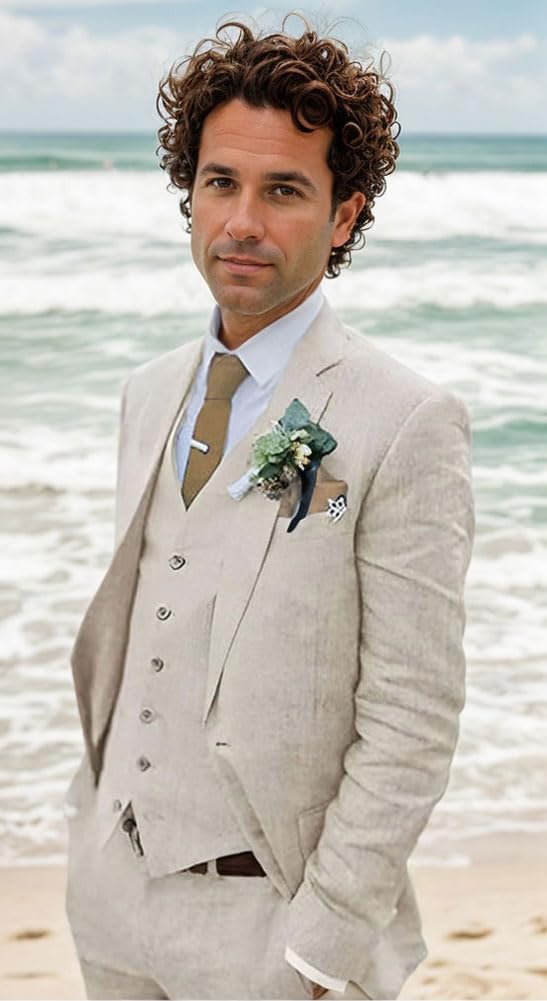 Uomo 3 PC Lino Abiti Da Sposa Due Pulsanti Sposo Smoking Singolo Petto Picco Etichetta Business Suit Casual Wear