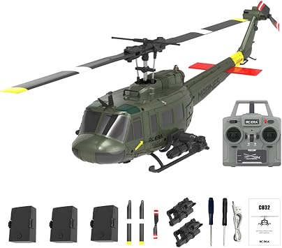 1/48 C032 UH-1 Huey RC Helicopter, 2.4G 6CH 3D Stunt Flybarless RC Airplane Model with Gyro, Altitude Hold and Optical Fiber Positioning RTF
