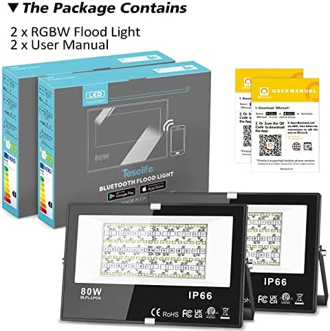 Teselife LED Floodlight Outdoor, 80W 2pack Smart RGB Floodlight with APP Control, IP66 Waterproof, Colour Changing, Timing, 2700K Warm White, Scene, Flood Light for Garden Lighting, UK 3-Plug