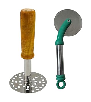 Finner 2-Piece Kitchen Tool Set – Stainless Steel Potato Masher with Wooden Handle & Pizza Cutter with Ergonomic Grip – Heavy-Duty Cooking Utensils for Mashing & Slicing