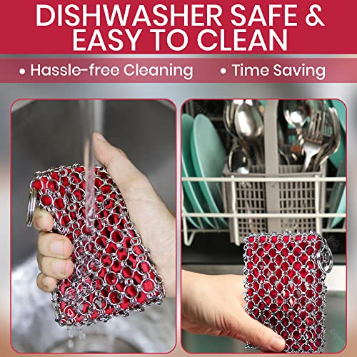 Image of Cast Iron Scrubber Kit + Pan Scraper - 316 Cast Iron Chainmail Scrubber - Skillet Cleaner Scrubber - Cast Pan Scrubber Cleaner - Chainmail Chain Scrubber - Silicone Sponge - Dishwaher Safe