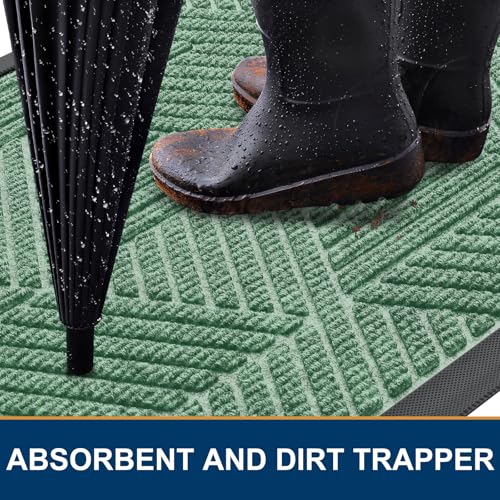 Image of Smiry Front Door Mat Outside Entrance, Heavy Duty Sturdy Natural Rubber Doormat, Trap Dirt and Moisture, Easy Clean Low Profile Mats for Indoor Outdoor Entry, Irregular Triangle (29.5x17, Mint Green)