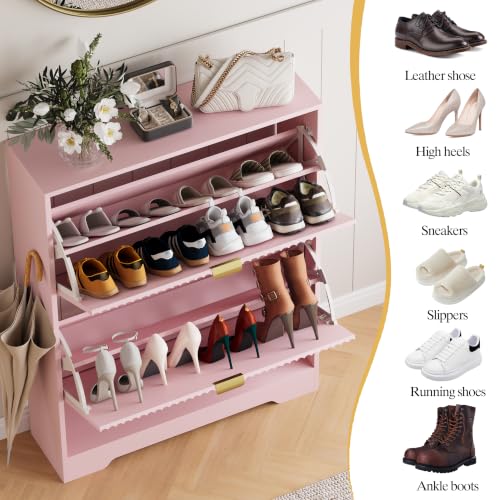Image of HUANLEGO Shoe Cabinet Storage for Entryway with 2 Flip Drawer, Pink | Fluted Shoe Cabinet with Open Storage, Hidden Shoe Rack for Entryway,Freestanding Narrow Shoe Organizer for Hallway, Entrance