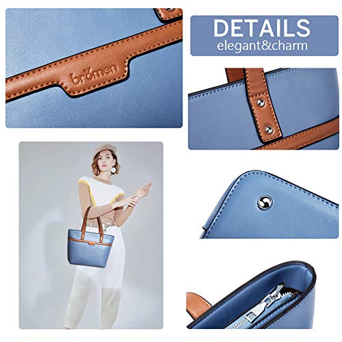 BROMEN Women Handbags Designer Leather Tote Purse Large Capacity Purses and Handbags Shoulder Bag Blue with Brown - Thumbnail 2