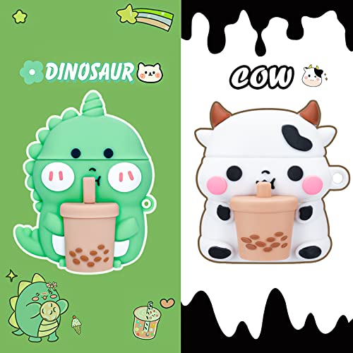 2 Pack For Airpods 2&1 Gen Case Cover, 3D Cute Funny Cartoon Boba Tea Cows & Boba Tea Dinosaurs Foods Shape Apple Airpod Case Soft Silicone Skin With Keychain Gift For Girls Boys Kids Teens (Cow+Dino) #TOP1