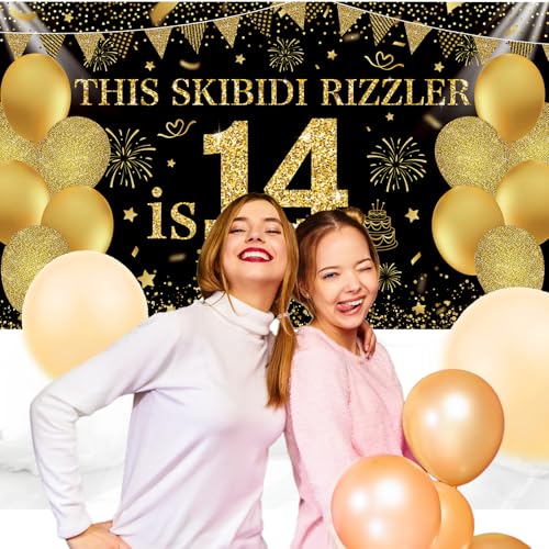 Image of Black Gold This Skibidi Rizzler is 14 No Cap Happy Birthday Backdrop Banner Photography Background Decorations for Boys Girls 14th Year Bday Party Accessories Supplies 72.8 * 43.3in