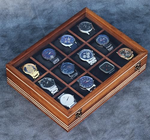 Image of Watch box for women & men, Wooden organizer, Handmade Holder For Men, Custom Valet Box with Brass Lock, Christmas, Anniversary, Valentine;s Day, Father's Day (Dark Brown 12 Slots)