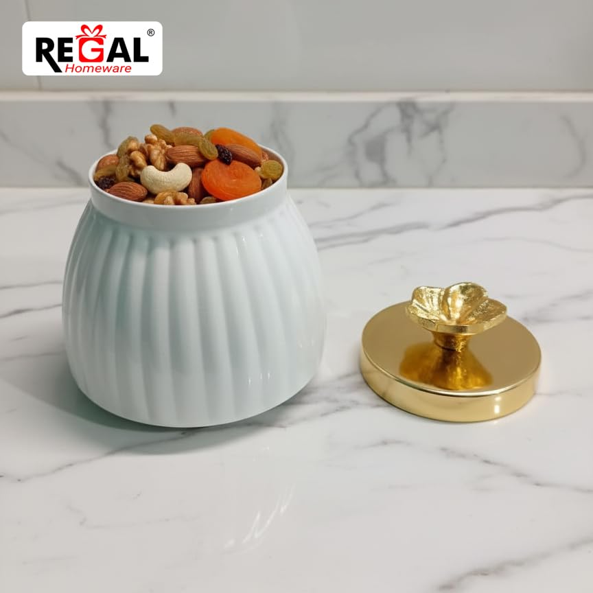 Image of Premium Metal Decorative Jar with Golden Brass Knob | Elegant Tabletop Storage Jar for Kitchen & Home Decor | 4 Inch Wide | Luxury Modern Design (White & Gold)