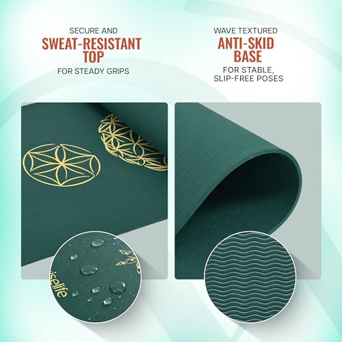 Image of Wiselife TPE Printed 6MM Yoga Mat + Yoga Strap For Men, Women, Kids | Anti-Slip Extra thick, Long & Wide Exercise Sports Mat For Workout, Fitness, Yoga, Gym, Home & Pilates (Flower of life- Green)
