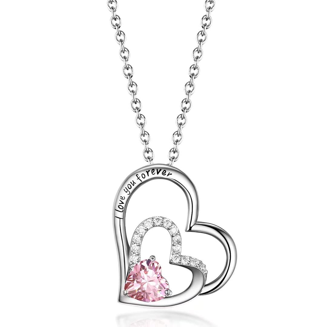 "I Love You Forever" 5A CZ Heart Birthstone Necklace Pendant Jewelry Birthday Mother’s Day Gift for Teens Girls Grandmother Daughter Mom Women