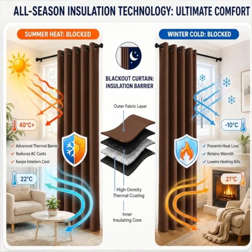 Image of 100% Blackout Window Curtains, 7 Feet, Solid Design, Faux Silk, Thermal Insulated, Noise Reducing Eyelet Door Curtain with Tie Back for Living Room & Bedroom, 115x210cm, Pack of 1 - Coffee