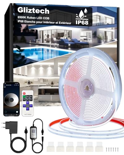 Gliztech 15M Ruban Led Cob Exterieur IP68 Etanche, Bande LED Blanc Chaud Autocollante 6500K, Alimentation 24V Led Cob Application et Télécommande pour Avant Toit Jardin Terrasse Cuisine Salle de Bain
