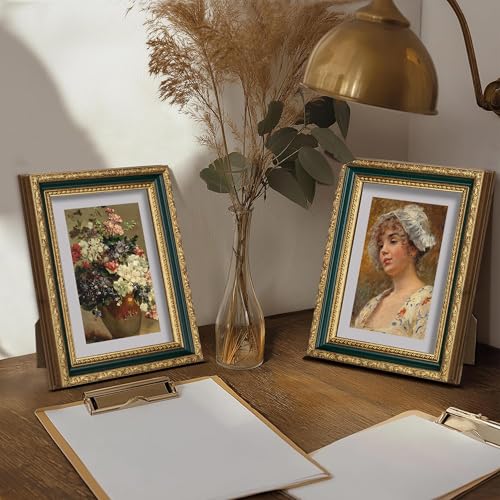 Image of eletecpro 5x7 Vintage Picture Frame, Glass Cover, Green Gold, 2-Pack | Display Photo 4x6 with Mat or 5x7 without, Horizontal or Vertical, Tabletop or Wall Decor