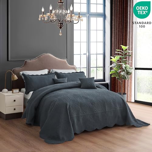 Image of Oversized King Bedspread 128x120 Extra Wide, Embossed Paisley Quilt Set King /Cal King, Lightweight Reversible Coverlet, Scalloped Edge - Deep Classic Look, 5 Piece, Polar Night