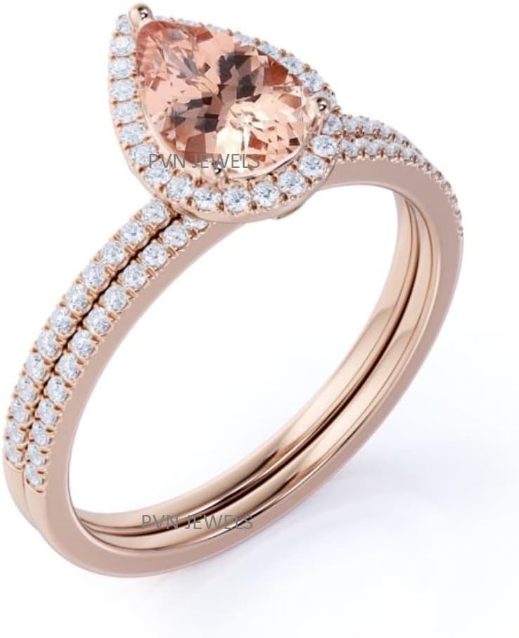 14K Rose Gold Over 925 Sterling Sliver Engagement Wedding Bridal Ring Set Pear Shaped Created Morganite