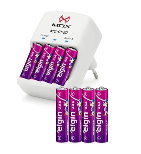 Carregador Mox + 8 pilhas AAA recarregáveis 1000 mAh Elgin