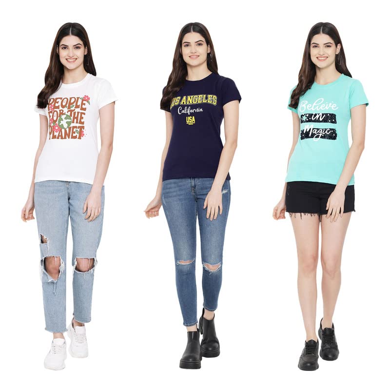Image of Preneum Women's Cotton Regular Fit Graphic Stylish Printed Short Sleeves Casual T-Shirt || Trendy & Stylish (Pack 3), White & Navy Blue & Blue, S