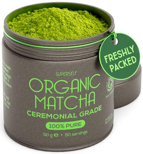 SuperSelf Organic Matcha Powder - Ceremonial Grade & 100% Pure - Smooth Taste & Vibrant Green - Macha for Straight Tea Lattes Baking - Certified Organic - Japanese Stone Ground Method - 50g Gift Tin