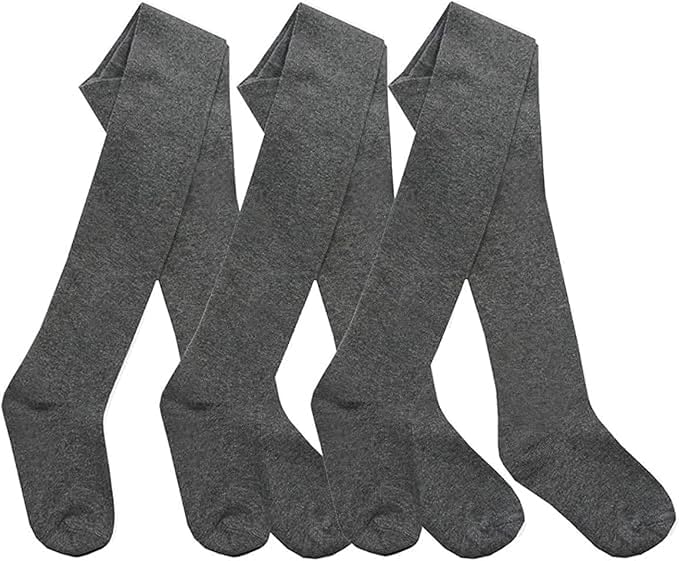Veesori Girls Back To School Cotton Rich Tights 3 Pack Soft Stretchy Comfort Fit Plain Legwear for Girls Ages 2-13 Years Breathable School Uniform Tights in Black & Grey