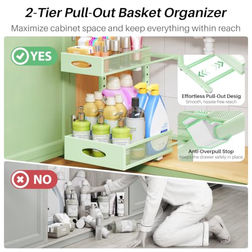 Image of Under Sink Organizer, 1-Pack Pull Out Cabinet Organizer 2 Tier Metal Slide Out Storage Shelf Rack, L-Shaped Adjustable Height,Mesh Sliding Drawer for Kitchen, Bathroom, Laundry, Pantry, Green, XL