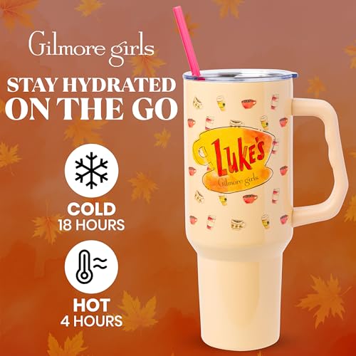 Image of Silver Buffalo Gilmore Girls Luke's Diner Double Walled Stainless Steel Tumbler with Handle and Straw, Fits in Standard Cup Holder, 40 Ounces