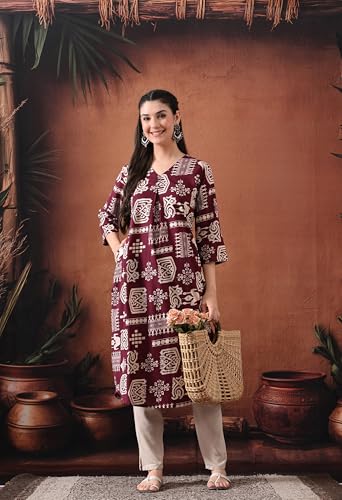 Image of Ichaa Women's Pure Cotton A-Line Ethnic V-Neck Kurta with 3 /4th Sleeve for Daily and Office Wear, in Plus Sizes