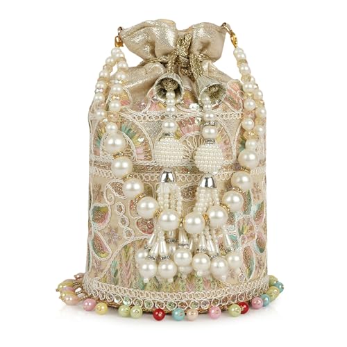Image of Nevis Silk Fabric Embroidered Potli Bag with Pearl Beaded Handle | Designe Ethnic Drawstring Clutch for Wedding, Festive