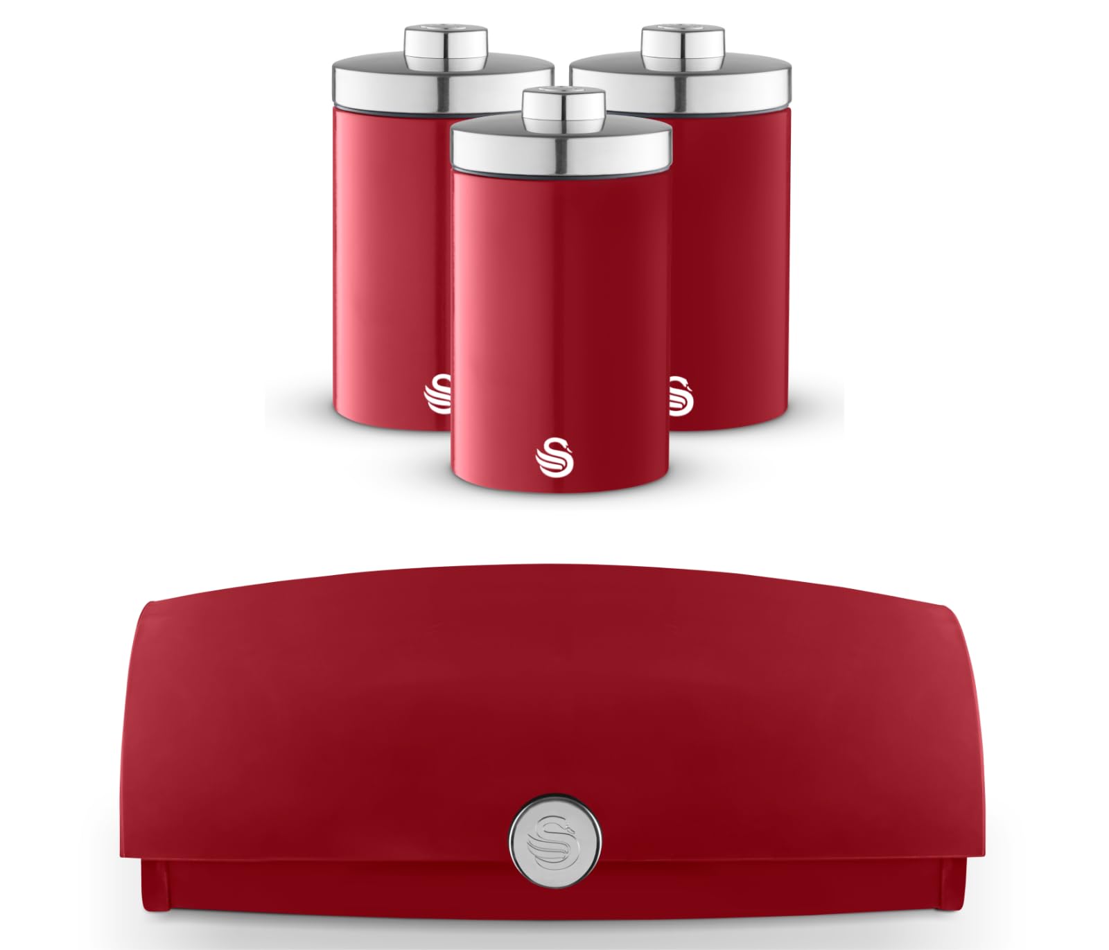 Swan Red Townhouse Bread Bin And Tea, Coffee & Sugar Canisters Set – Retro Kitchen Storage Set – Bread Bin And Matching Canisters