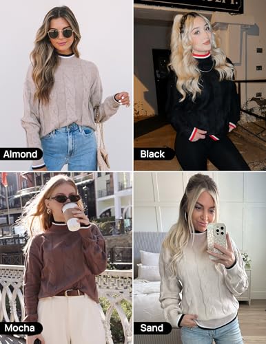 ZESICA Women's Casual Long Sleeve Mock Neck Cable Knit Contrast Color Fall 2025 Winter Chunky Pullover Sweater3