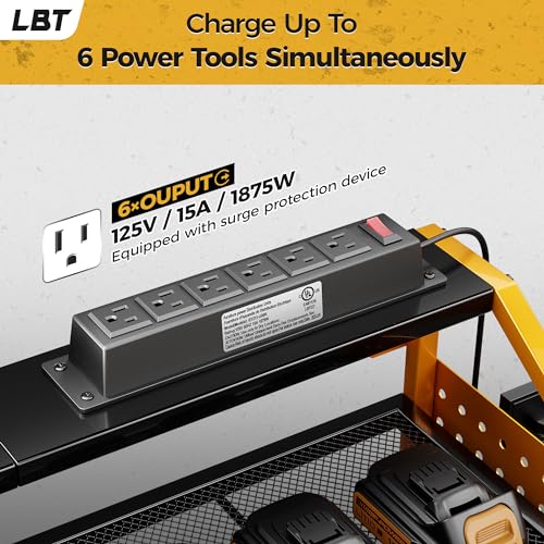 LBT Power Tool Organizer with Charging Station. Patented, Drill Storage Rack Wall Mount, Heavy Duty Steel, 6 Drill Storage Shelf, 8 Hooks,2 Screw Boxes,6 Outlets Power Strip, Yellow by LBT - Image 6