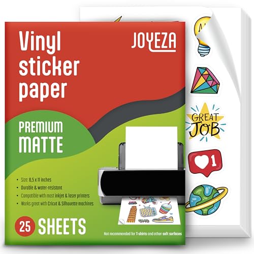 JOYEZA Premium Printable Vinyl Sticker Paper for Inkjet Printer - 25 Sheets Matte White Waterproof, Dries Quickly Vivid Colors, Holds Ink well- Tear Resistant - Inkjet & Laser Printer