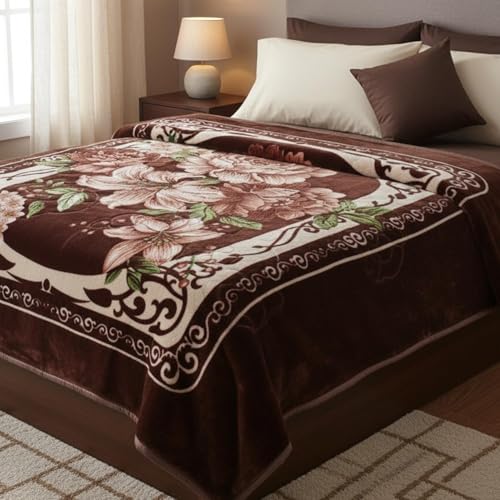 Image of Luxurious Heavyweight Microfiber Korean-Style Plush Blanket, Floral Velvet, 240x220 cm, Winter Comfort, Single Layer (Brown Multicolor, Double)