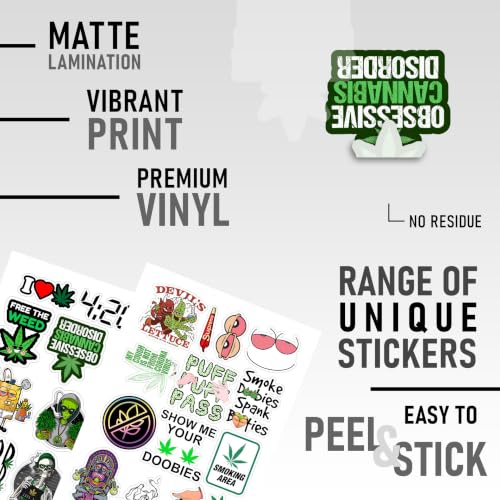 Image of CodersParadise 53-Pack Stoner & Marijuana Stickers | Waterproof, Glossy Laminated, Self-Adhesive Stickers for Laptop, Journal, Diary, Bike Helmet, Guitar & Mobile - 3 Inch